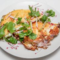 Mushroom + Shaved Brussels Sprout Quesadilla · Mushroom + Shaved Brussels Sprout Quesadilla, Avocado Salsa Verde.
