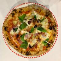 Capricciosa Pizza · Imported mozzarella, San Marzano tomato sauce, wild mushrooms, prosciutto cotto, black olive...