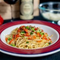 Pasta Pronto  · Pasta sauteed in garlic and olive oil tossed with red pepper and scallions seafood.