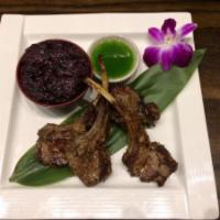 Grilled Lamb Chop · 4 pieces of lamb chop grilled with a side of black sticky rice and homemade mint and mustard...