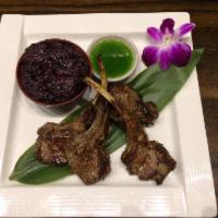 Grilled Lamb Chop · 4 pieces of lamb chop grilled to perfection with a side of black sticky rice and homemade mi...