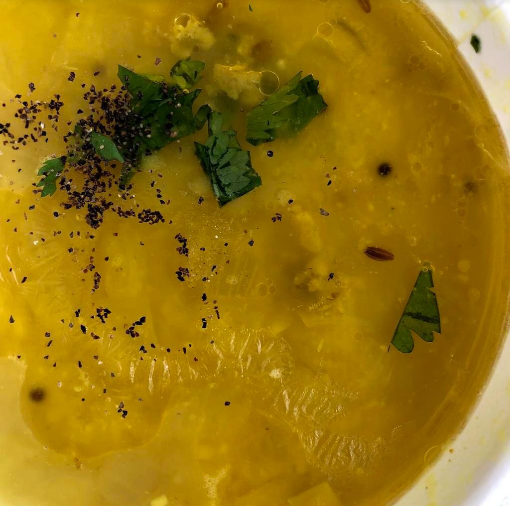 Dahl Soup · Yellow mung beans, masala, ginger, garlic and onion. Vegan.