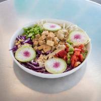 Asian Salad · red & green cabbage, crispy organic tofu, edamame, peanuts, bell pepper, cilantro with sesam...