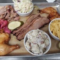 The Smokehouse · 1/2 lb Pulled Pork, 1/2 lb Sliced Brisket, 1/2 lb Chicken (Pulled or On The Bone) served wit...