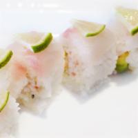 Good Sell Roll Special · Snow crab, cucumber, and shrimp tempura topped with salmon, avocado, black tobiko, thinly sl...