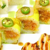 KC Roll Special · Spicy yellowtail and crunch wrapped in soy paper topped with jalapeno , yellowtail, and citr...