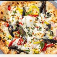Veggie Pizza · White garlic sauce, banana peppers, red onions, potabellos, roasted red peppers, fresh basil...