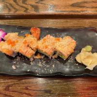1. Lobster Rock-n-roll · Lobster tempura and avocado topped with half spicy kani salad and spicy lobster salad, drizz...
