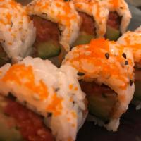 8. Spice Girl Roll · Spicy tuna, spicy salmon, spicy yellowtail and avocado with fish roe outside.