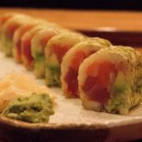 9. Tiger Roll · Tuna, salmon, yellowtail, avocado, cucumber and fish roe wrapped in white seaweed.