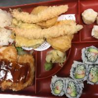 1. Dinner Box A · California roll, chicken teriyaki, shrimp and vegetable tempura and shumai.