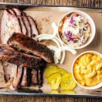 3 MEAT PLATE · 3 choices of meat (Quarter pond of each 3/4 pound total) with choice of 2 sides (pork ribs w...