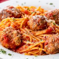 PASTA WITH MEATBALLS · Meatballs are 100% beef. Marinara sauce & Choice of Spaghetti, linguine or Penne pasta. Whol...