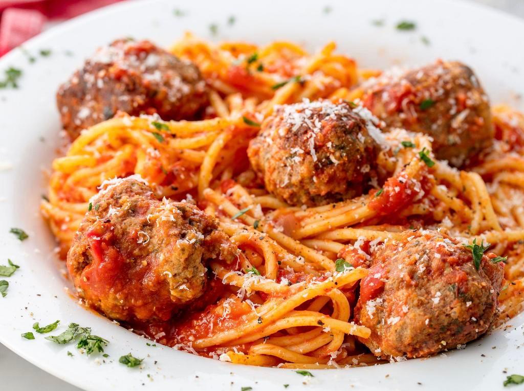 PASTA WITH MEATBALLS · Meatballs are 100% beef. Marinara sauce & Choice of Spaghetti, linguine or Penne pasta. Whole wheat pasta is now available. Served with bread on the side.