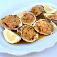Baked Clams Oregnata · 6 top necks on the 1/2 shell, baked with garlic, lemon, olive oil, romano cheese and topped ...