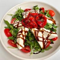 Arugula Salad · Housemade mozzarella, grape tomatoes, roasted red peppers, balsamic glaze 