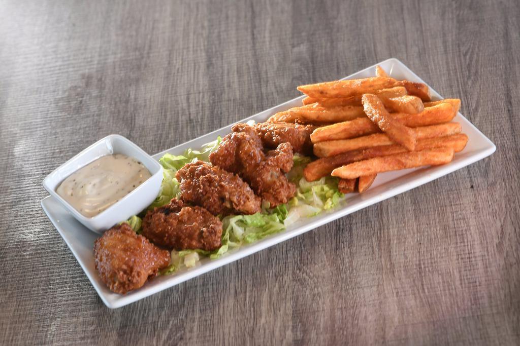Chicken Wings · 5 chicken wings served with fries. With your choice of blue cheese dressing, ranch dressing, hot sauce, or BBQ sauce.