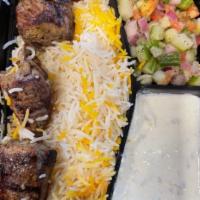KABOB BOX · Hearty Meal Box with your favorite kabob and sides. Includes Saffron rice, taziki, shirazi s...