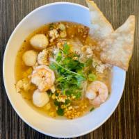Tom Yum Noodle · Rice noodle, shrimp, ground chicken, bean sprout and crushed peanut in a spicy and sour soup.