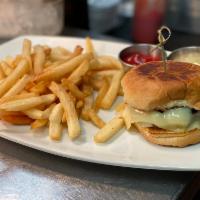  House Burger* · Swiss cheese, caramelized onions, bacon aioli, brioche roll, crispy fries.