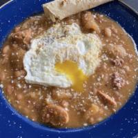 Frijoles Charros Breakfast Plate · Frijoles Charros with two fried eggs, cotija cheese, and corn tortillas