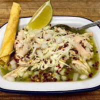 Pozole Verde con Pollo · Housemade chicken pozole verde with hominy. Served with cabbage, oregano, red chile flakes, ...