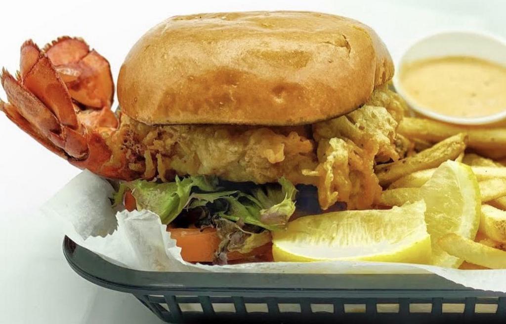 Fried Lobster Tail Sandwich ·  A fresh lobster tail, hand-battered and fried to perfection.
Served on a brioche.