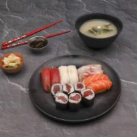 Sushi Regular · Assorted 8 pieces sushi with 1 tuna roll or California roll. Served with a choice of side.