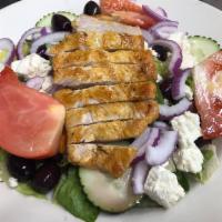 Chicken Greek Salad · Chicken breast, garden fresh cucumbers, lettuce, tomatoes, onions, feta cheese, and black ol...