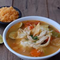 Chicken Tortilla Soup (32 oz)  · Shredded chicken breast, zucchini, carrots, potatoes, Jack cheese & tortilla chips. Served w...