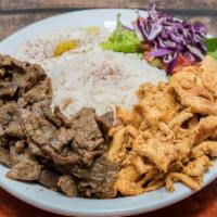 17. Shawarma Combo Plate (Chicken and Beef) · Chicken and beef. Our famous Lamb shawarma served with rice, green salad, feta cheese, plane...