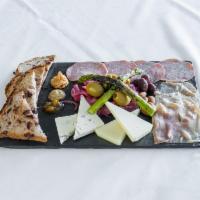 Charcuterie Board · 2 meats, manchego and blue cheese (ask server for today's selections), roasted almonds, ston...
