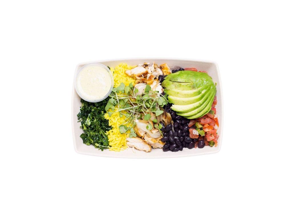 Rio Bowl  · Chicken, seasoned kale, choice of base, black beans, lime tomato vinaigrette, roasted onions and bell peppers, avocado, microgreens, cilantro jalapeno dressing. Gluten-free. Dairy-free.