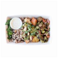 Chicken Harvest Bowl with Brussels Sprouts (GF, DF)  · Chicken, Seasoned Kale, Base, Brussels Sprouts, Tomato Vinaigrette, Baked Sweet Potato Bites...