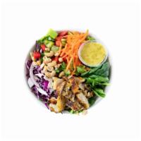 Crunchy Thai Salad (GF)  · Romaine, spinach, red cabbage, grilled chicken, carrots, bell pepper, cashew, cilantro, thai...