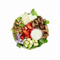 Fabulous Tri-Tip Salad · Tri-tip steak, romaine, baby spinach, red onions, green apples, walnuts, Parmesan cheese, gr...