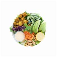 Curry Tofu Salad (GF, V)  · Romaine, red cabbage, mesclun, golden curry tofu, carrots, cucumber, cashew, avocado, cilant...