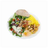 Chicken Platter · Grilled chicken, greek salad, hummus or baba ganoush, turmeric rice, pita bread, signature d...