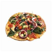 Greek Pizza · Housemade dough, housemade fresh marinara sauce, baby spinach, mozzarella, grape tomato, red...