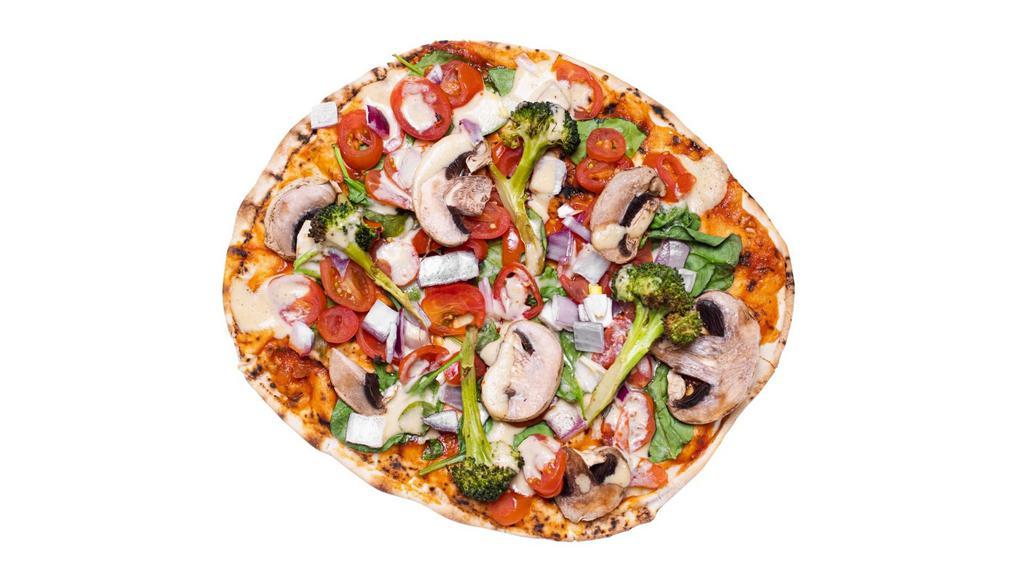 Veggie Pizza (V) · Housemade dough, housemade fresh marinara sauce, bell peppers, red onion, broccoli and cauliflower, baby spinach, grape tomato, cashew cream or cheese (not vegan) 