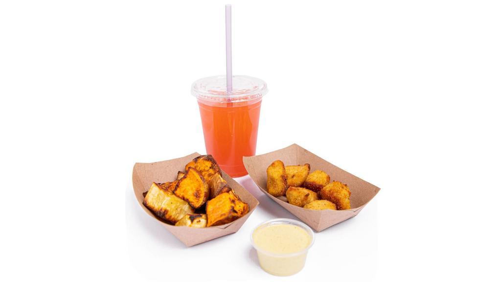 Chicken Bites, Sweet Potato, and Drink Combo (GF, DF)  · Chicken seasoned and baked to perfection, baked sweet potato bites, and house made drink of your choice 