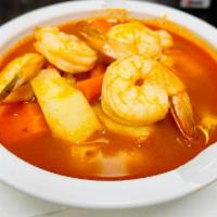 Caldo de Camaron · Shrimp soup (Rice, onions, cilantro and limes on the side).