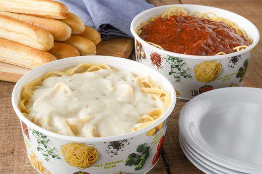 Fresh-Tossed Pasta Family Meal · (780-920 cal/serving. Serves 4 and includes 8 breadsticks.) INCLUDES: Fettuccine Alfredo AND Spaghetti (Marinara or Meat Sauce)