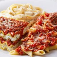 13. Ultimate Sampler · (1060 cal) Fettuccine Alfredo, penne with meat sauce, spaghetti and meatball and lasagna wit...