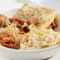 14. Oven-Baked Classic Sampler · Fettuccine Alfredo, lasagna with meat sauce, spaghetti and meatball, baked with mozzarella a...