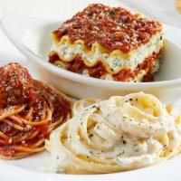 15. Classic Sampler · Fettuccine Alfredo, Lasagna with Meat Sauce, Spaghetti & Meatball.