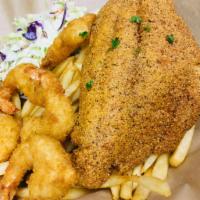 Fried Catfish and Shrimp Combo · Cornmeal Battered Catfish & Panko Crusted Shrimp. Served with fries and coleslaw. 100% trans...