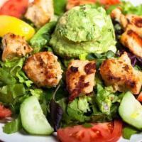 Guacamole Salad w. (Option to Choose Protein) · Home-made guacamole with grilled chicken, romaine, tomato and cucumber.
Recommended dressing...