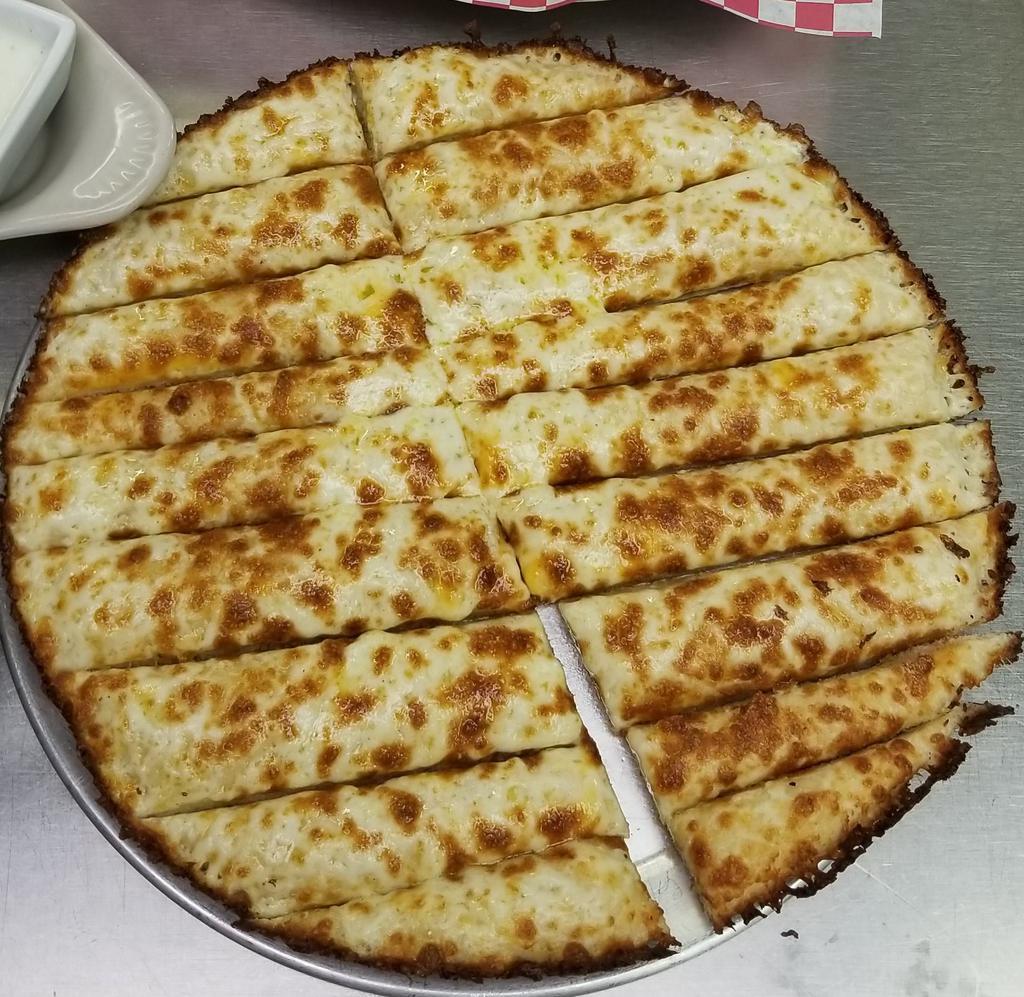 Cheese Breadsticks · Classic thick dough covered in garlic butter and 3 cheese blend of cheddar, mozzarella and Parmesan.