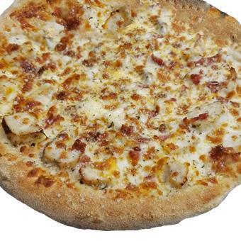 Chicken Ranch Pizza · Grilled chicken on a bed of homemade ranch dressing, covered in 3 cheese blend with a little bacon for a kick.
